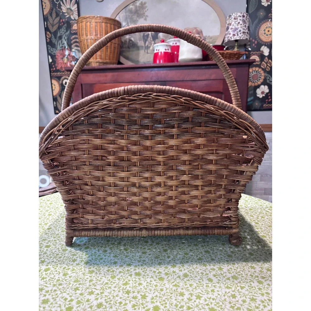 Vintage Woven Wicker Magazine Rack Basket with Handle Brown Rustic Farmhouse